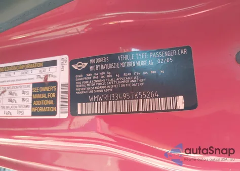 2005 Mini Cooper S from USA, damaged, VIN WMWRH33495TK55264